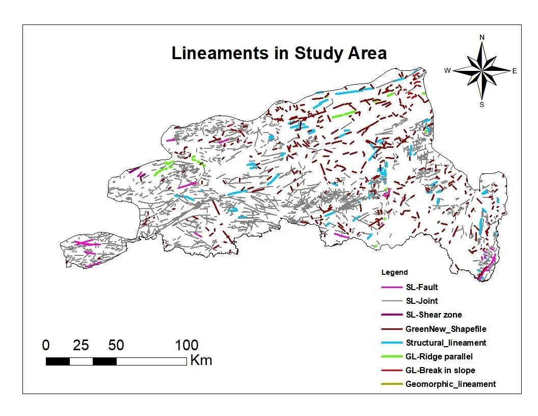 Geological lineament map of a study area